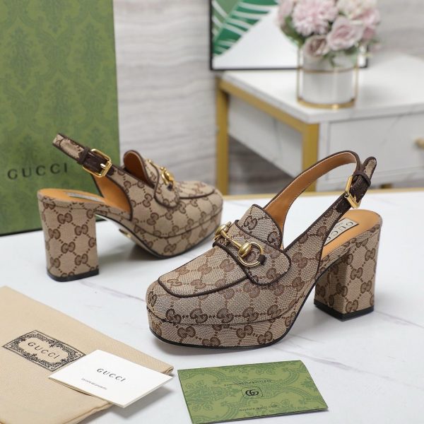 GG Lady horsebit-detailed suede-trimmed canvas-jacquard slingback platform pumps - Image 8