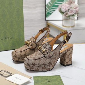 GG Lady horsebit-detailed suede-trimmed canvas-jacquard slingback platform pumps