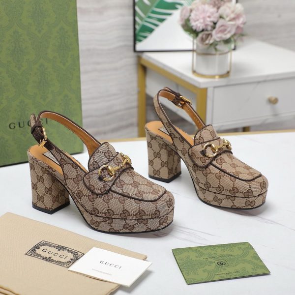 GG Lady horsebit-detailed suede-trimmed canvas-jacquard slingback platform pumps - Image 5