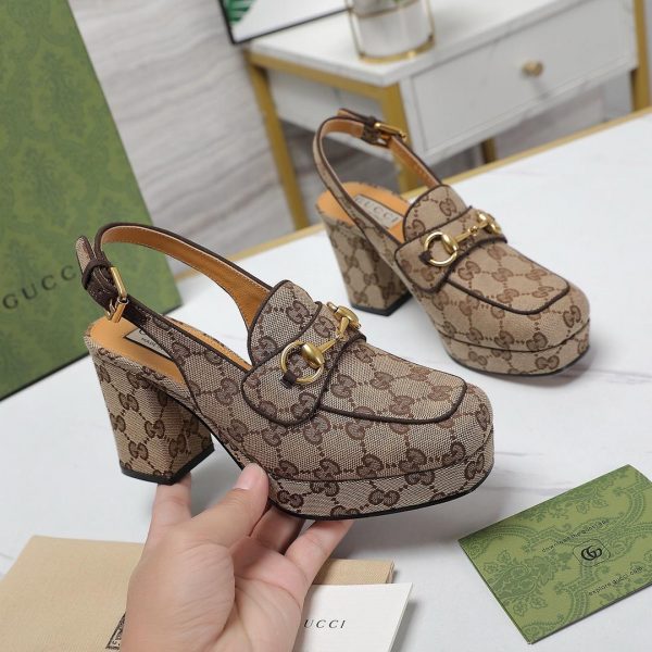 GG Lady horsebit-detailed suede-trimmed canvas-jacquard slingback platform pumps - Image 7