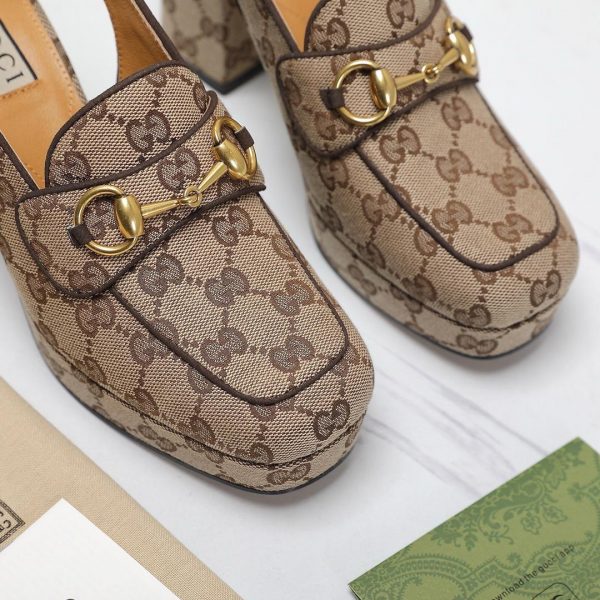 GG Lady horsebit-detailed suede-trimmed canvas-jacquard slingback platform pumps - Image 9