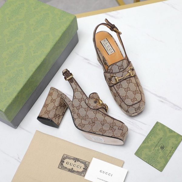 GG Lady horsebit-detailed suede-trimmed canvas-jacquard slingback platform pumps - Image 3