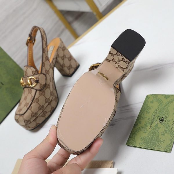 GG Lady horsebit-detailed suede-trimmed canvas-jacquard slingback platform pumps - Image 2