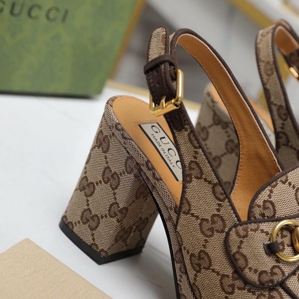 GG Lady horsebit-detailed suede-trimmed canvas-jacquard slingback platform pumps - Image 6
