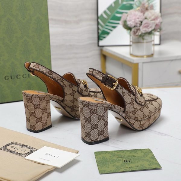 GG Lady horsebit-detailed suede-trimmed canvas-jacquard slingback platform pumps - Image 4